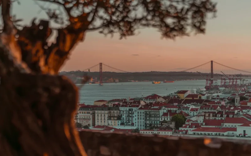 Colorful buildings and wisteria-covered street in Lisbon's Alfama neighborhood during spring