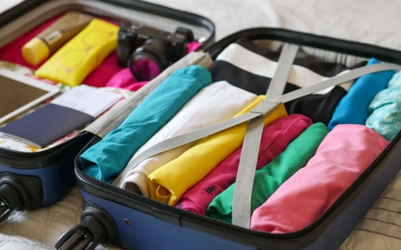 Flat lay of folded merino tops, dark trousers, a waterproof jacket, and broken-in walking shoes arranged for a two-week Europe trip